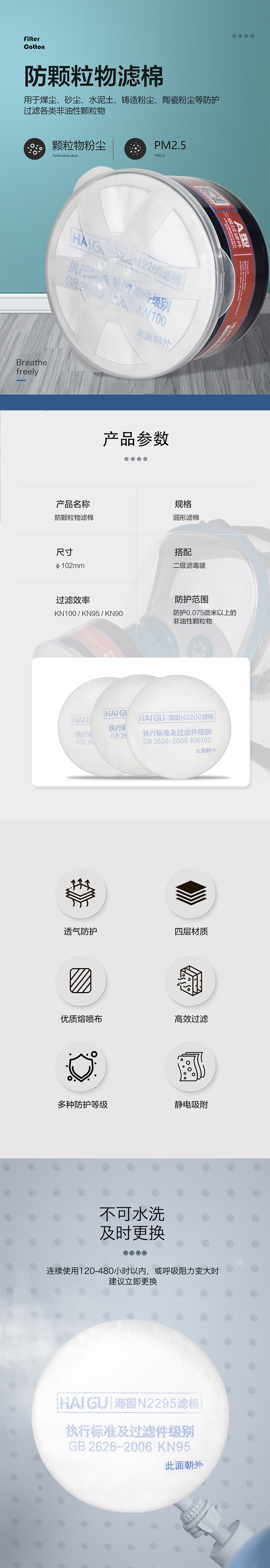 海固N2290 2系列KN90非油性顆粒物濾棉 產(chǎn)品名稱：防顆粒物濾棉，用于煤塵、砂塵、水泥土、鑄造粉塵、陶瓷粉塵等防護過濾各類非油性顆粒物。 規(guī)格：圓形濾棉 尺寸：102mm 搭配：二級濾毒罐 過濾效率：KN90 防護范圍：防護0.075微米以上的非油性顆粒物圖片